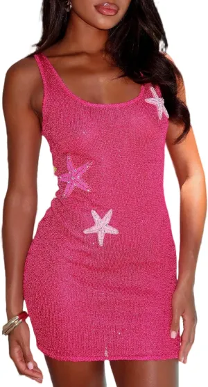 Summer Knitted Starfish Sequin Mini Dresses Boho Backless Sleeveless Beach Short Dress Ruffle Hem Bodycon Tank Dress