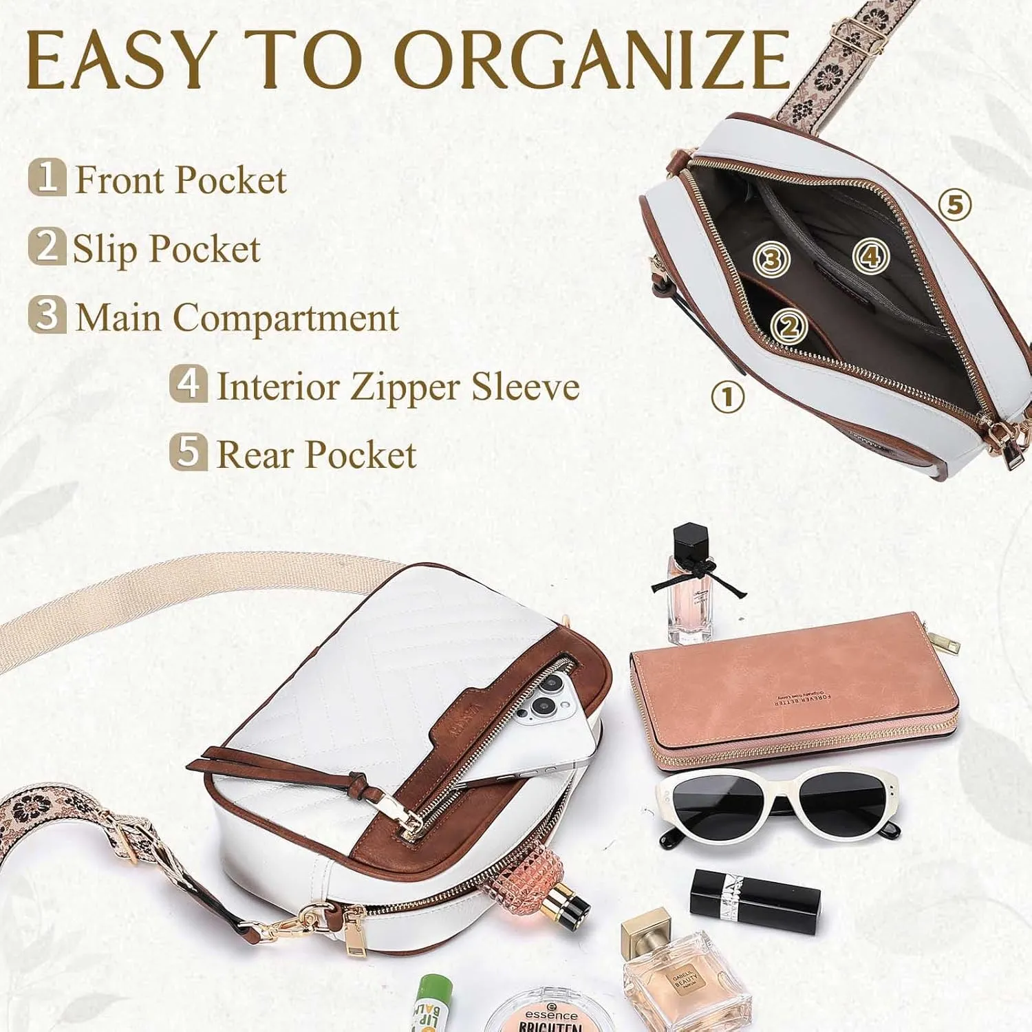 VASCHY Crossbody Purse Bags Women, Trendy Vegan Leather Quilted Chevron Small Shoulder Bag with Detachable Guitar Strap