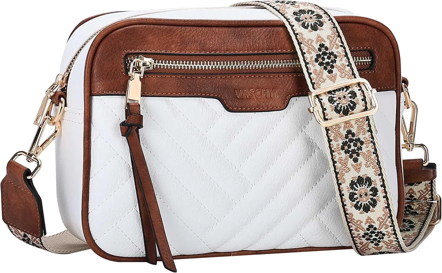 VASCHY Crossbody Purse Bags Women, Trendy Vegan Leather Quilted Chevron Small Shoulder Bag with Detachable Guitar Strap