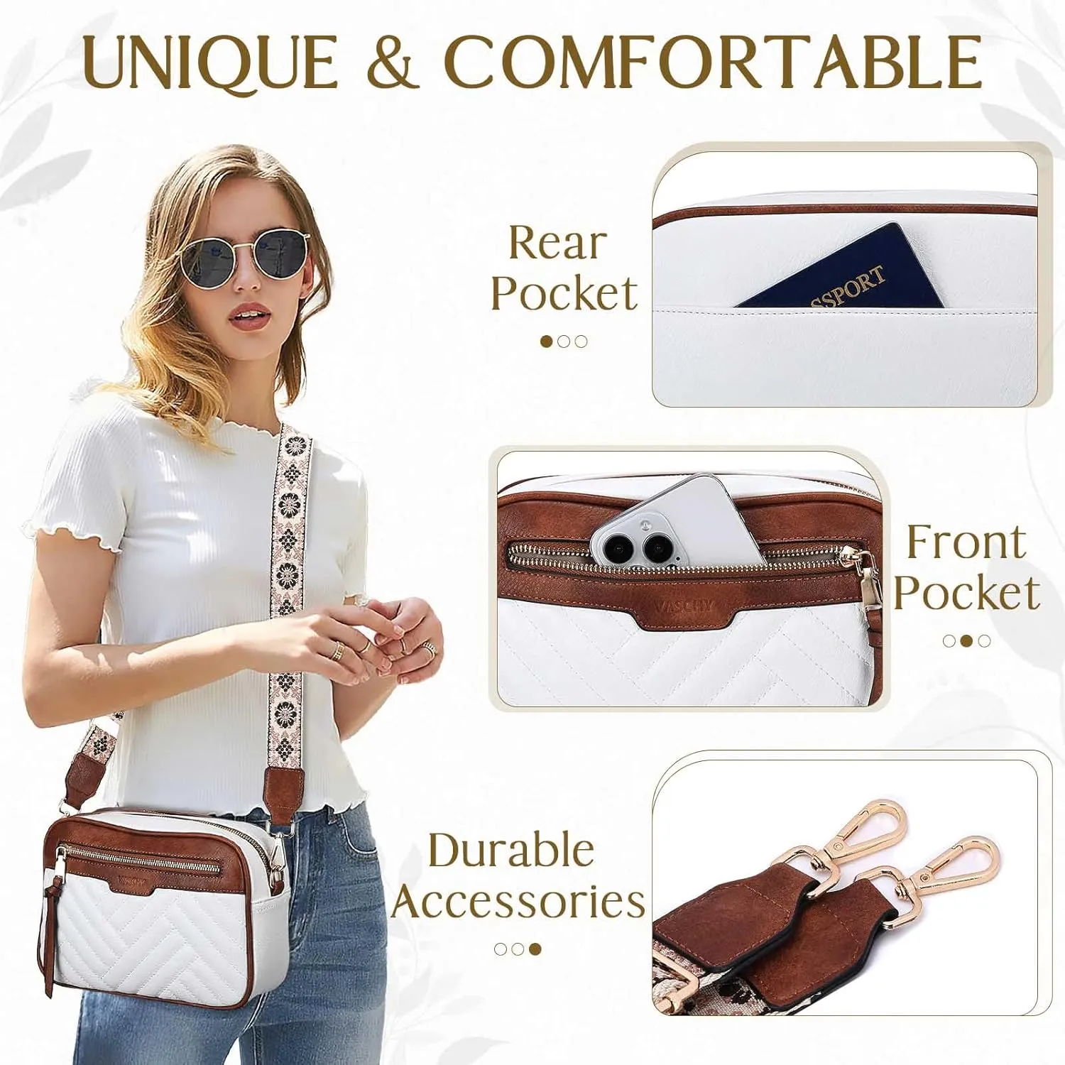 VASCHY Crossbody Purse Bags Women, Trendy Vegan Leather Quilted Chevron Small Shoulder Bag with Detachable Guitar Strap