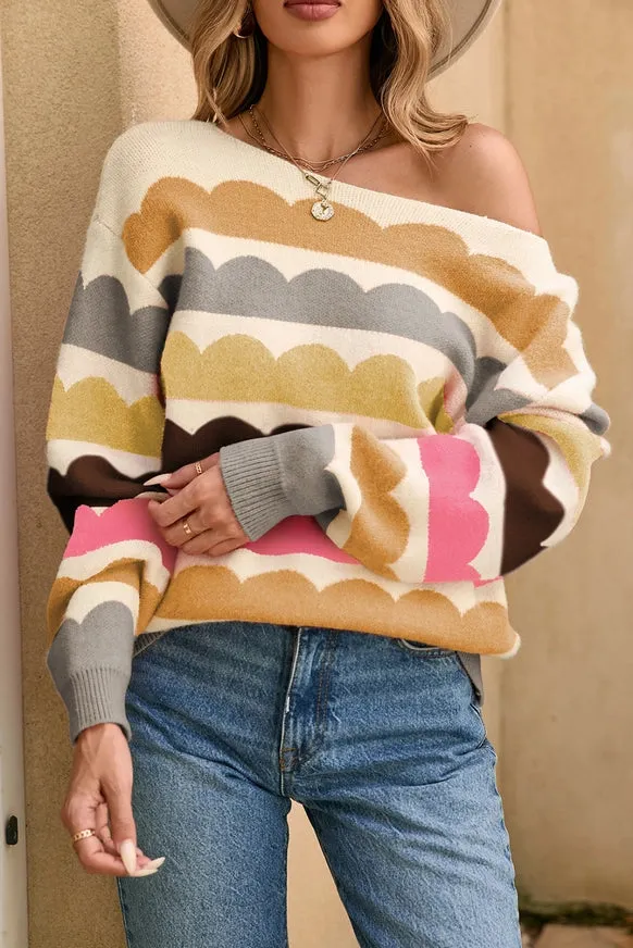 Wave Striped Balloon Sleeve Drop Shoulder Sweater - Yellow