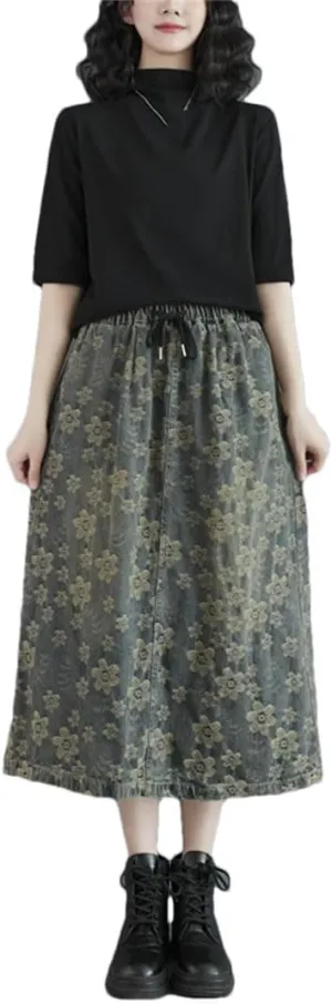 Women Denim Oversized Floral Skirt Print Midi Elastic High Waist Skirts Ruffle Pleated Skirt