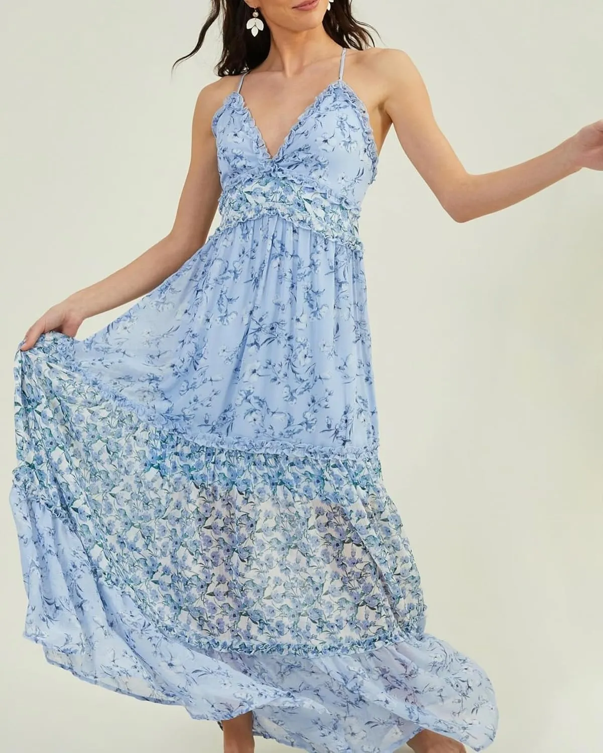 Women Spaghetti Strap Patchwork Maxi Dress Floral Smocked Lace Trim Long Dress Summer Boho Flowy Ruffle Sundress