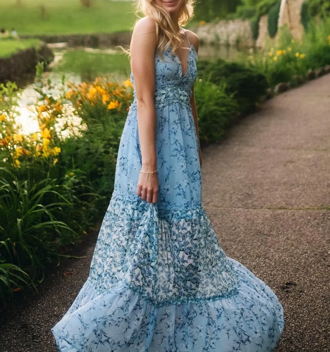 Women Spaghetti Strap Patchwork Maxi Dress Floral Smocked Lace Trim Long Dress Summer Boho Flowy Ruffle Sundress