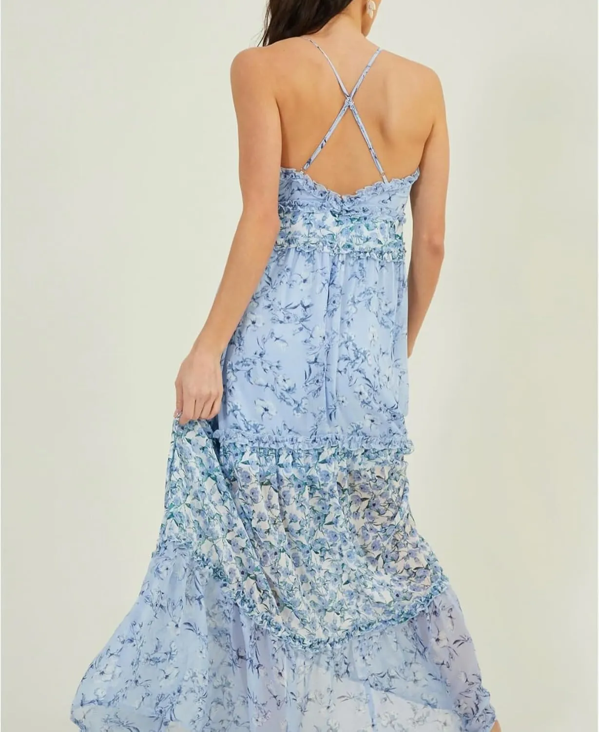 Women Spaghetti Strap Patchwork Maxi Dress Floral Smocked Lace Trim Long Dress Summer Boho Flowy Ruffle Sundress