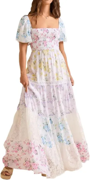 Women Spaghetti Strap Patchwork Maxi Dress Floral Smocked Lace Trim Long Dress Summer Boho Flowy Ruffle Sundress