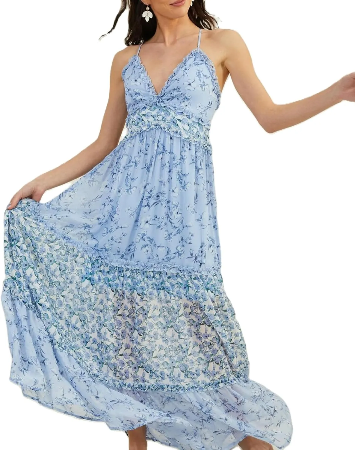 Women Spaghetti Strap Patchwork Maxi Dress Floral Smocked Lace Trim Long Dress Summer Boho Flowy Ruffle Sundress