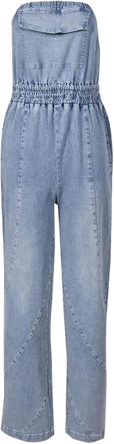 Womens 2024 Summer Fashion Backless Denim jumpsuit Sexy Jean Romper High Waist Casual Overalls