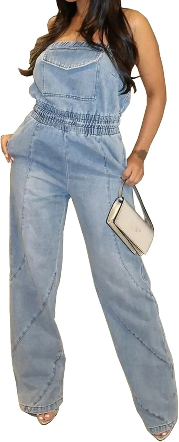 Womens 2024 Summer Fashion Backless Denim jumpsuit Sexy Jean Romper High Waist Casual Overalls