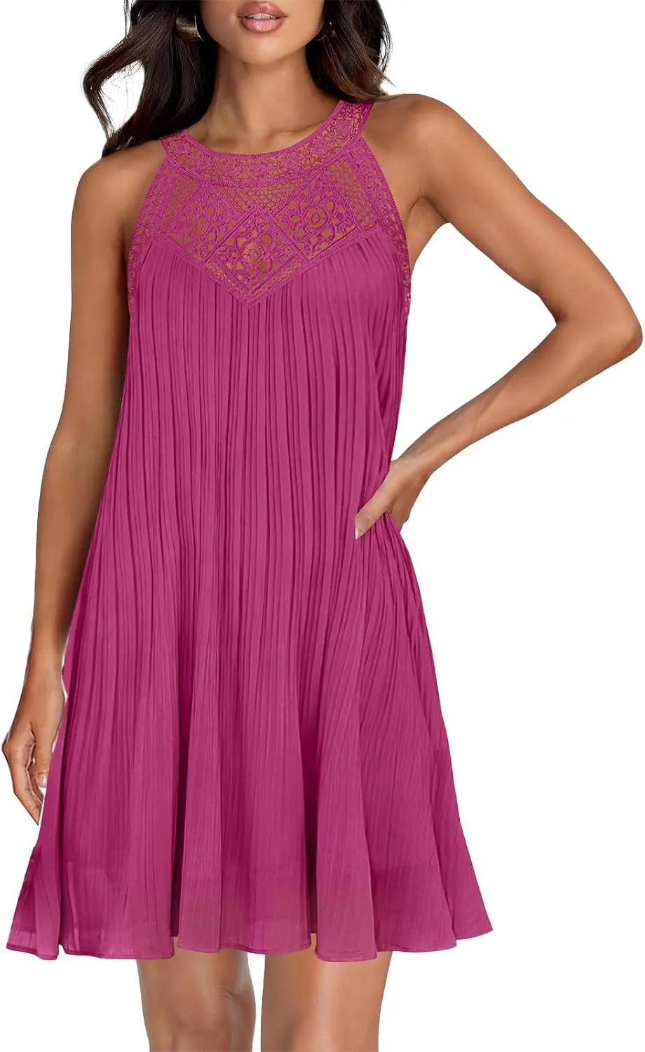 Women's 2025 Lace Hollow Out Halter Mini Dresses Casual Sleeveless Flowy Ruffle Beach Vacation A line Dress