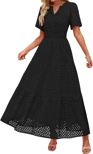 Womens 2025 Summer Maxi Dress Eyelet Boho Dressy Short Sleeve V Neck Hollow Out Swing Beach Vacation Long Dresses