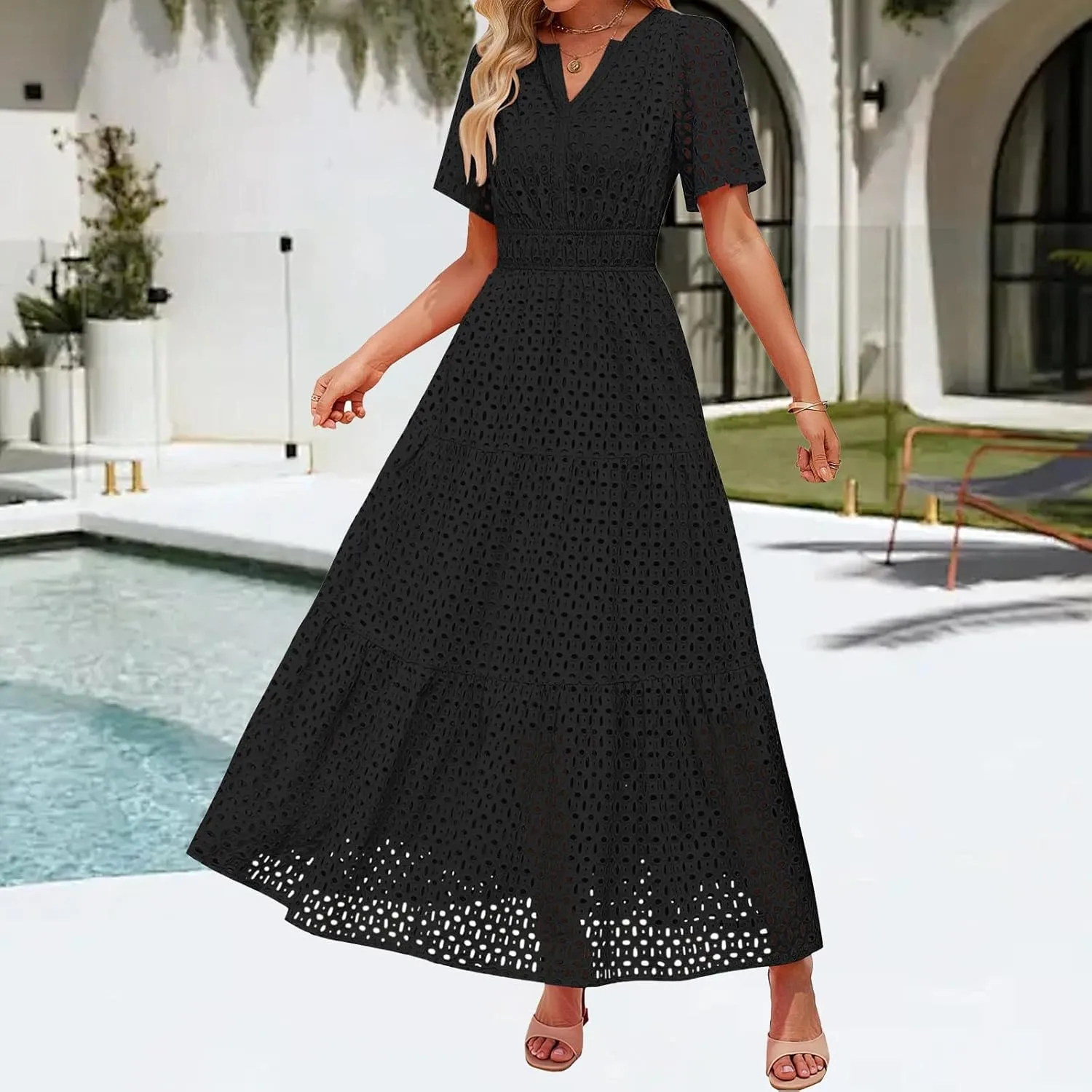 Womens 2025 Summer Maxi Dress Eyelet Boho Dressy Short Sleeve V Neck Hollow Out Swing Beach Vacation Long Dresses