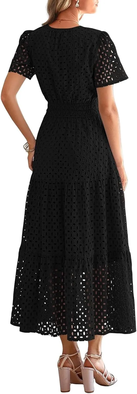 Womens 2025 Summer Maxi Dress Eyelet Boho Dressy Short Sleeve V Neck Hollow Out Swing Beach Vacation Long Dresses