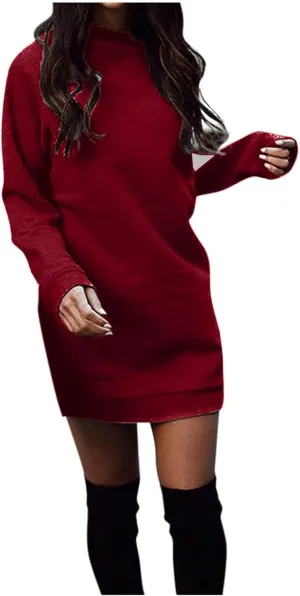 Women's Fall Winter Long Sleeve Crew Neck Solid Knit Sweatshirt Midi Dresses