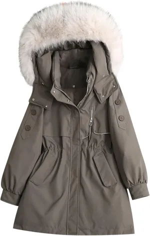 Womens Faux Fur Hooded Jackets 2024 Zip up Long Sleeve Elastic Waist Trench Coat Casual Lightweight Padded Coat Parka