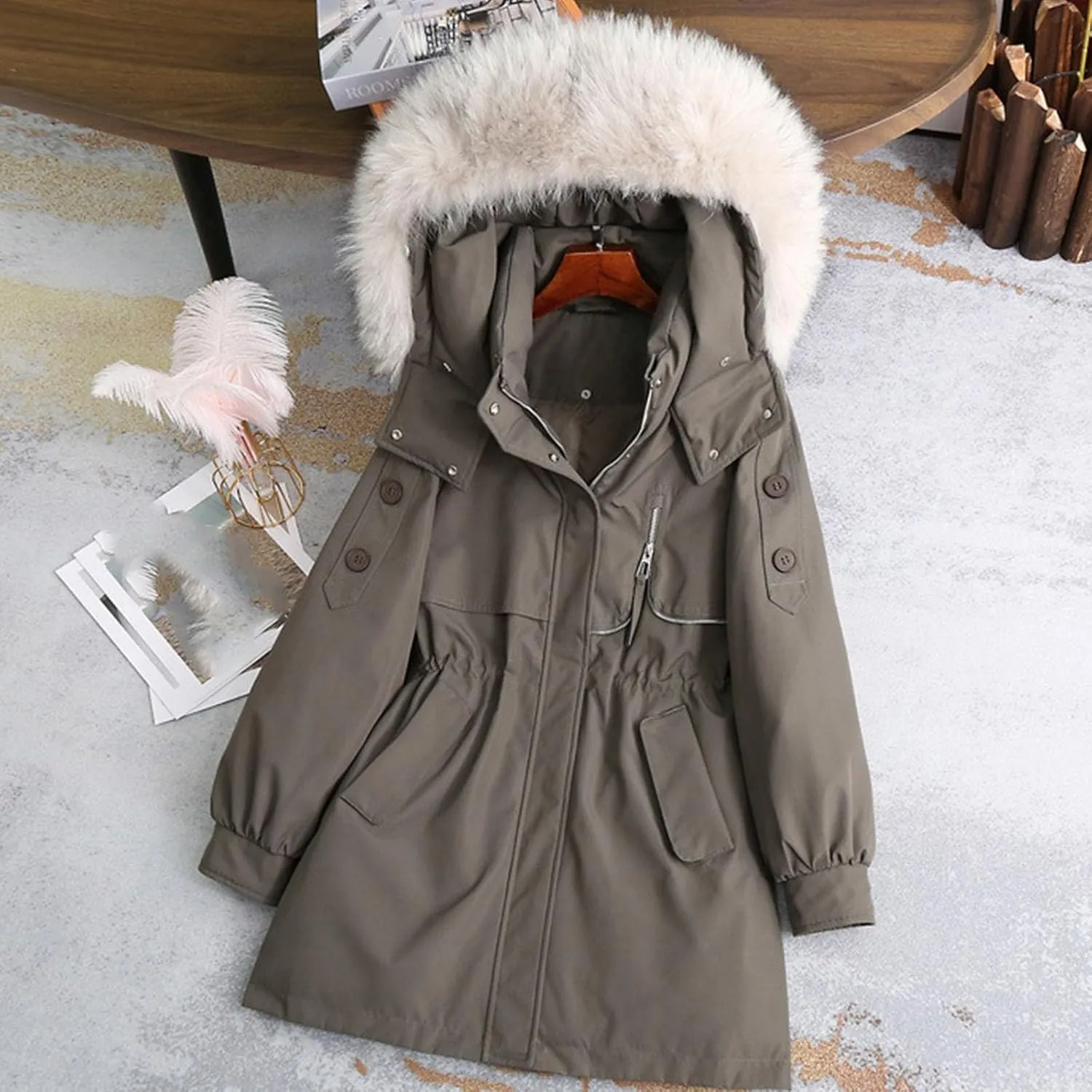 Womens Faux Fur Hooded Jackets 2024 Zip up Long Sleeve Elastic Waist Trench Coat Casual Lightweight Padded Coat Parka