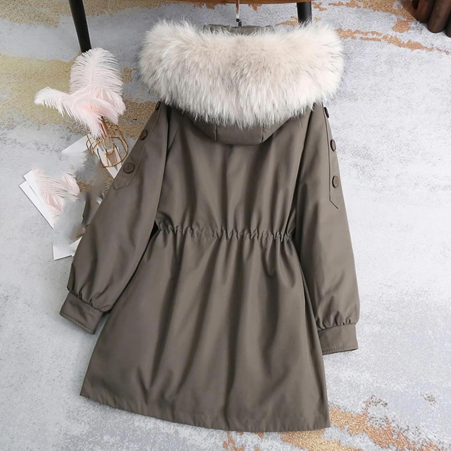 Womens Faux Fur Hooded Jackets 2024 Zip up Long Sleeve Elastic Waist Trench Coat Casual Lightweight Padded Coat Parka
