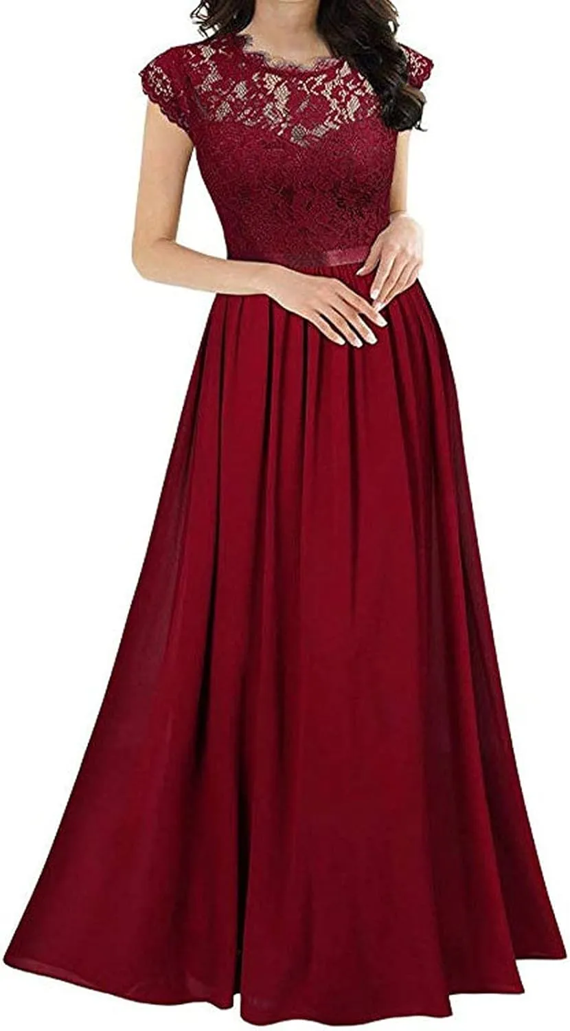 Womens Lace Long Dress Bridesmaid Evening Gown Women's Clothing Chiffon Dress Stitching Bridesmaids Evening Gowns Ladies