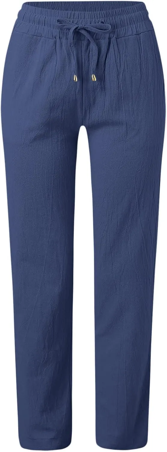 Womens Linen Blend Summer Printed Pants High Waist Ankle Length Plus Size Trouser Business Work