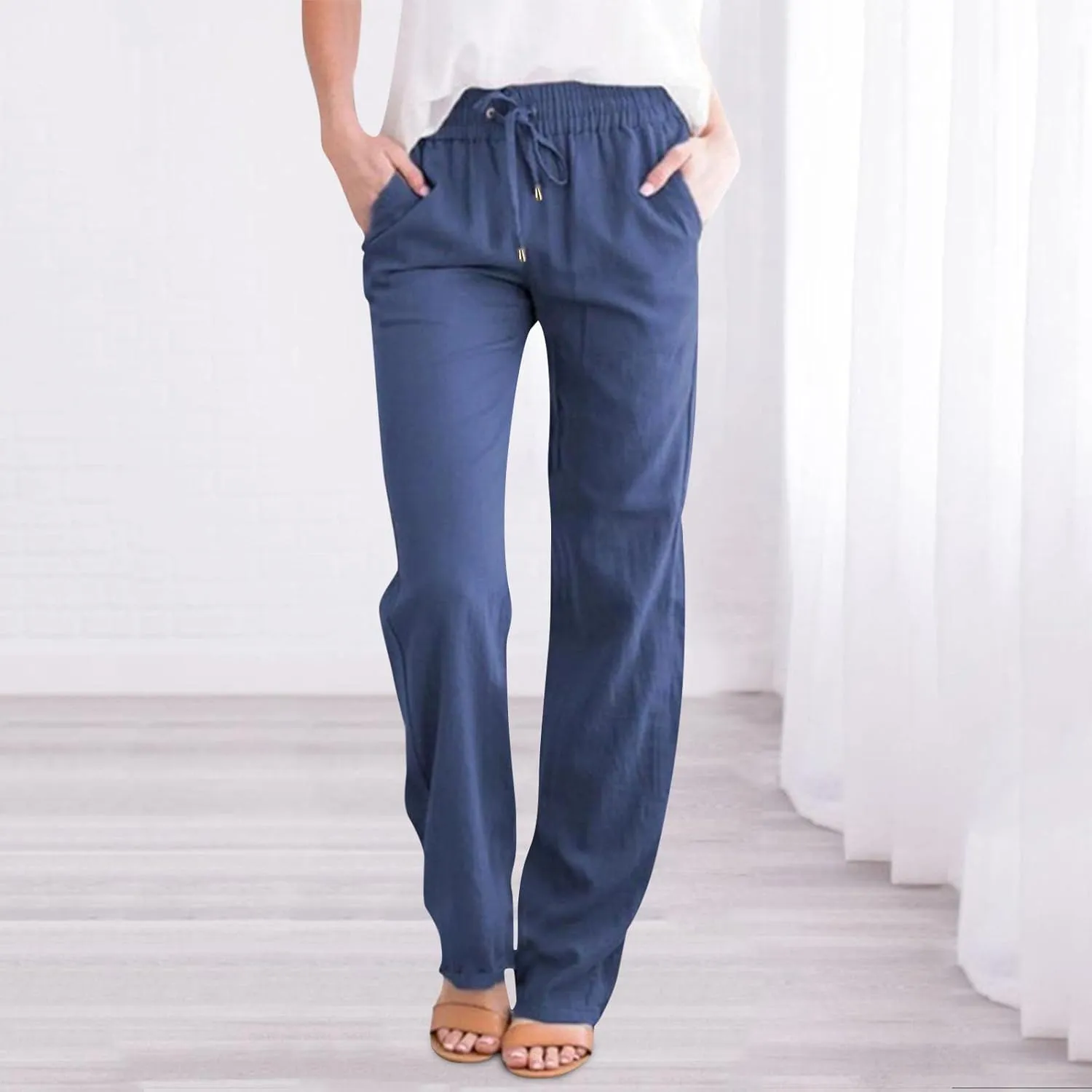 Womens Linen Blend Summer Printed Pants High Waist Ankle Length Plus Size Trouser Business Work