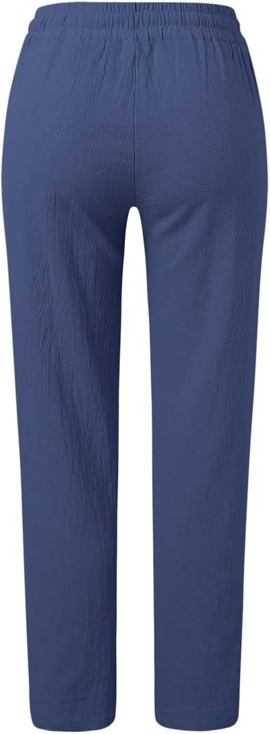 Womens Linen Blend Summer Printed Pants High Waist Ankle Length Plus Size Trouser Business Work