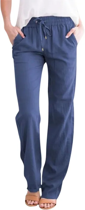 Womens Linen Blend Summer Printed Pants High Waist Ankle Length Plus Size Trouser Business Work