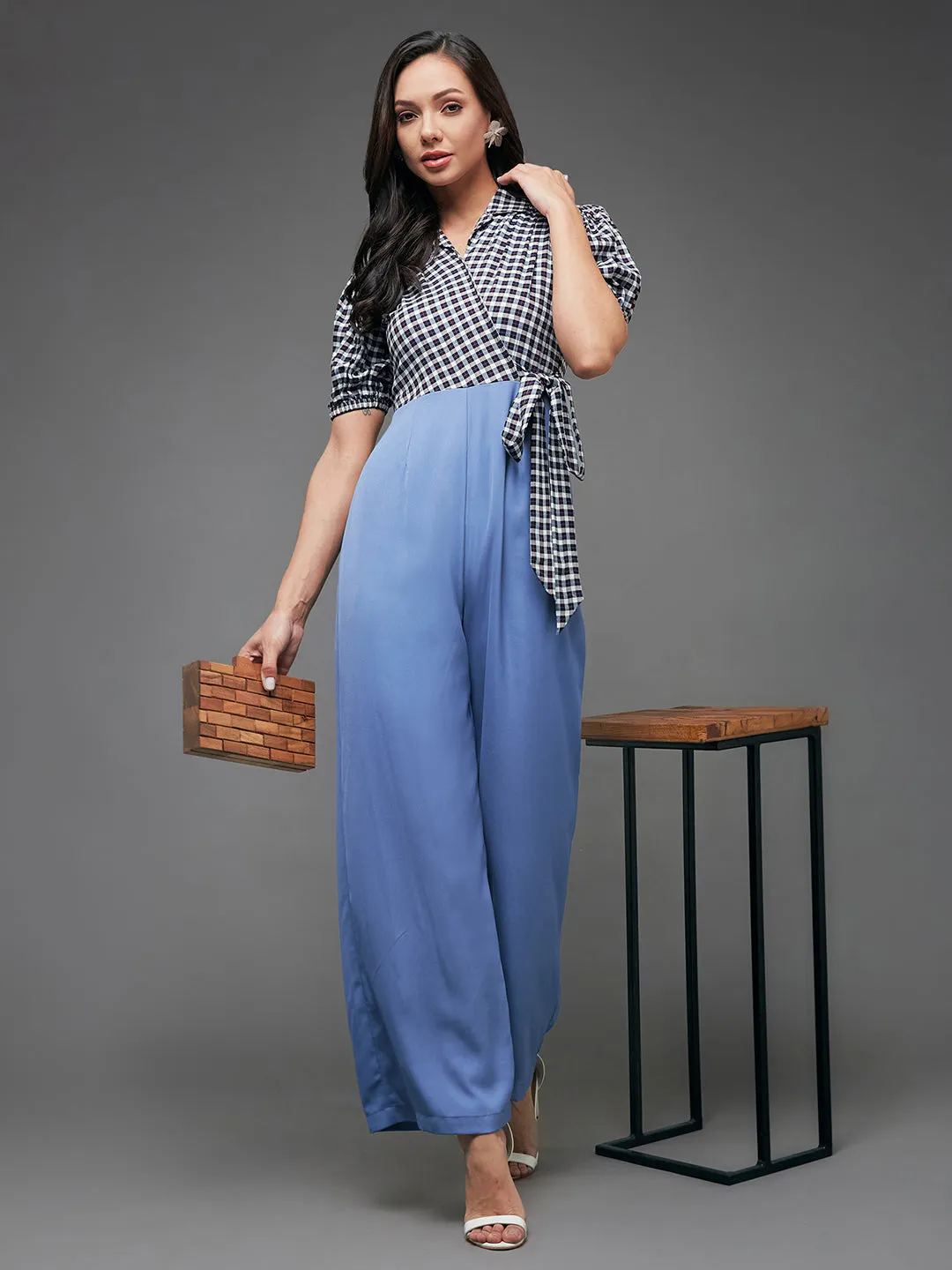 Women's Multicolored-Base-Powder Blue Notched Collared Puff Sleeve Checkered Wrap Regular Crepe Jumpsuit