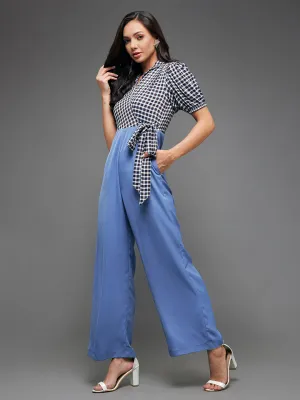 Women's Multicolored-Base-Powder Blue Notched Collared Puff Sleeve Checkered Wrap Regular Crepe Jumpsuit