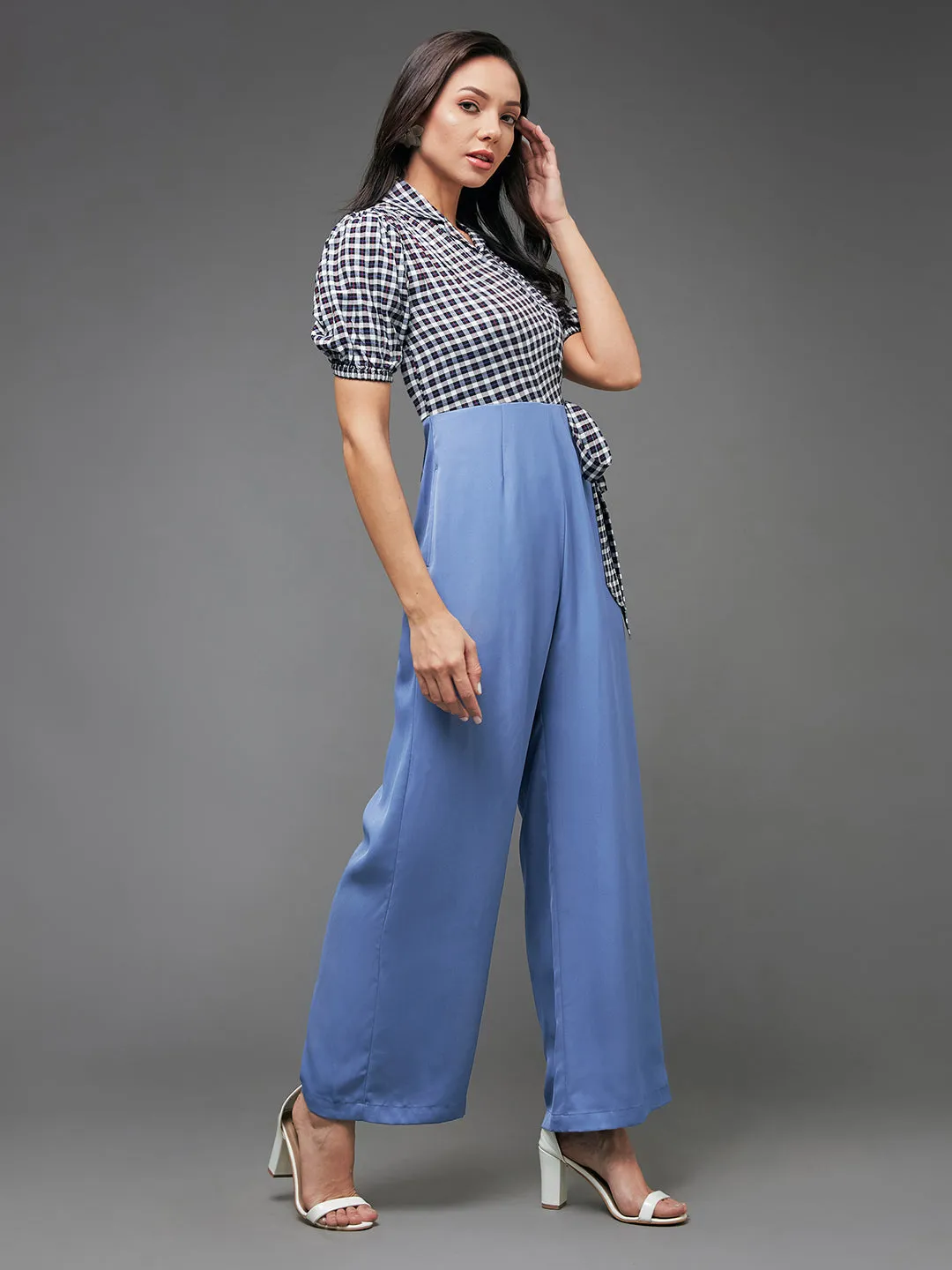 Women's Multicolored-Base-Powder Blue Notched Collared Puff Sleeve Checkered Wrap Regular Crepe Jumpsuit