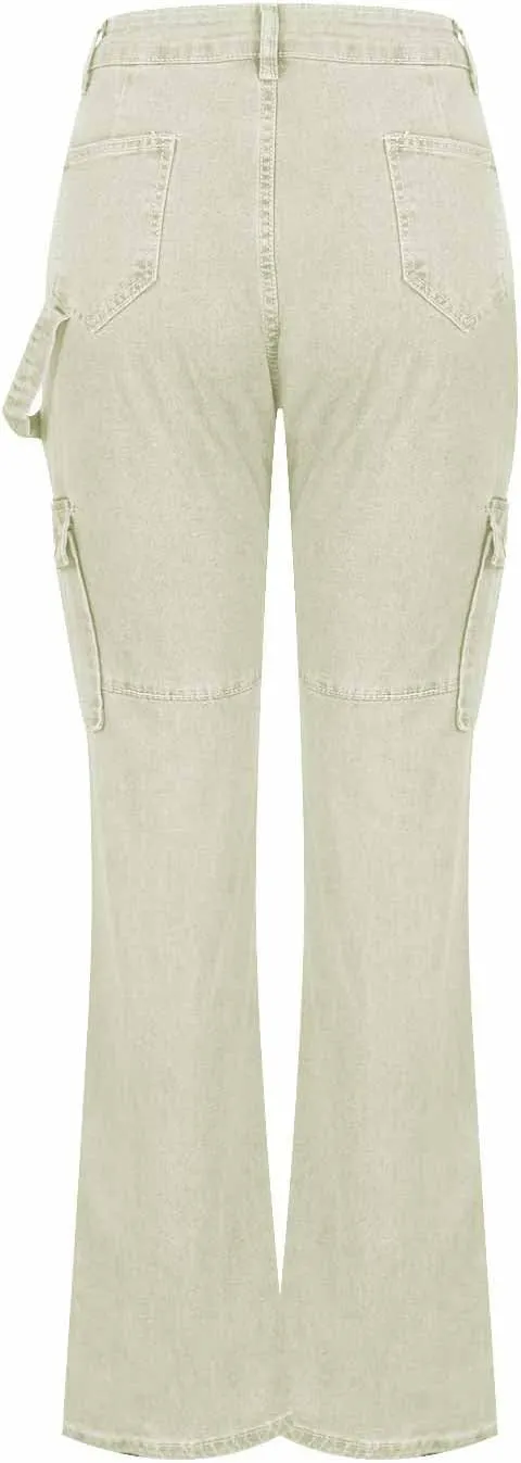 Women's Retro Denim Cargo Pants Casual High Waist Trousers Fashion Hippie Streetwear Wide Leg Jeans Pants with Pockets