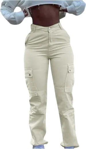 Women's Retro Denim Cargo Pants Casual High Waist Trousers Fashion Hippie Streetwear Wide Leg Jeans Pants with Pockets