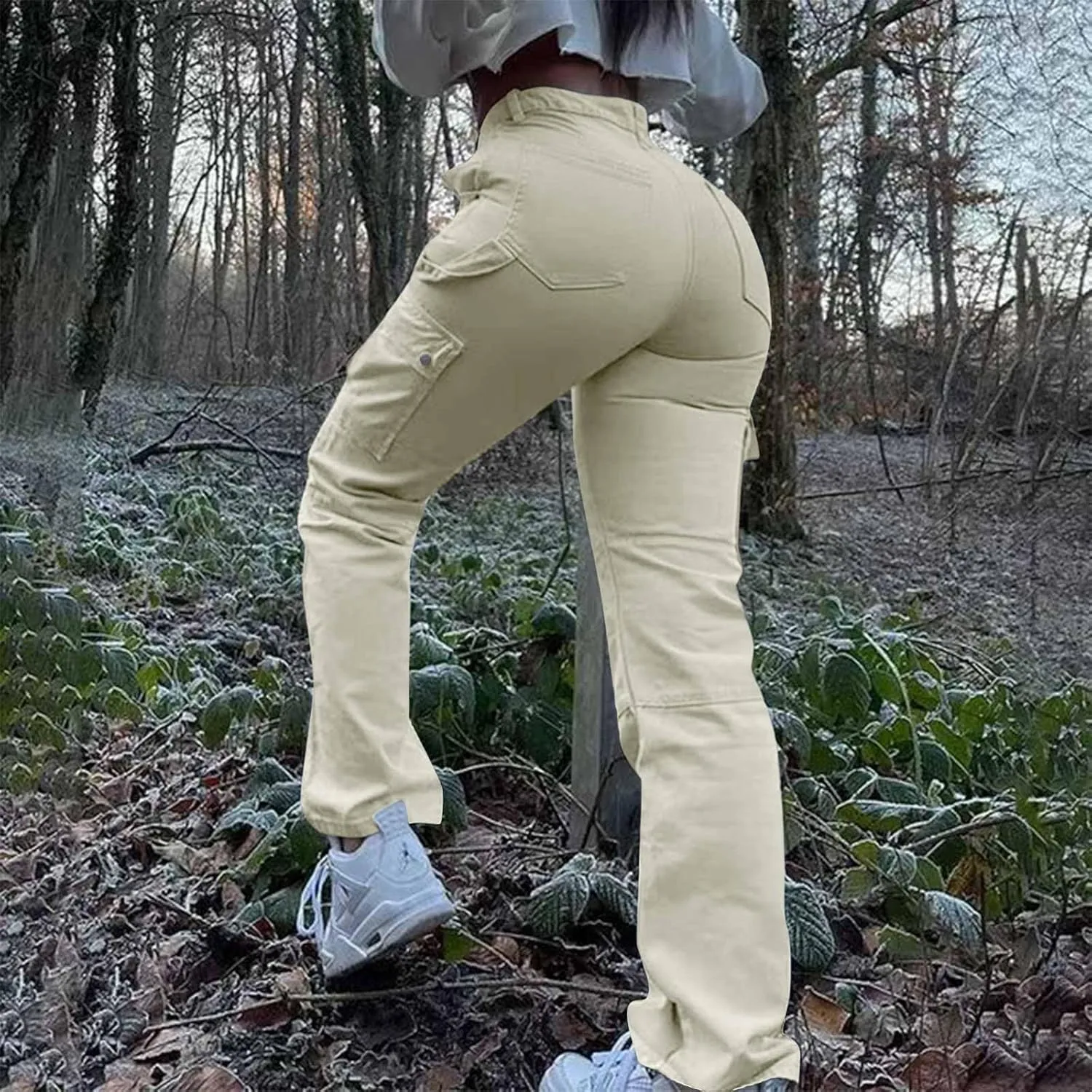 Women's Retro Denim Cargo Pants Casual High Waist Trousers Fashion Hippie Streetwear Wide Leg Jeans Pants with Pockets