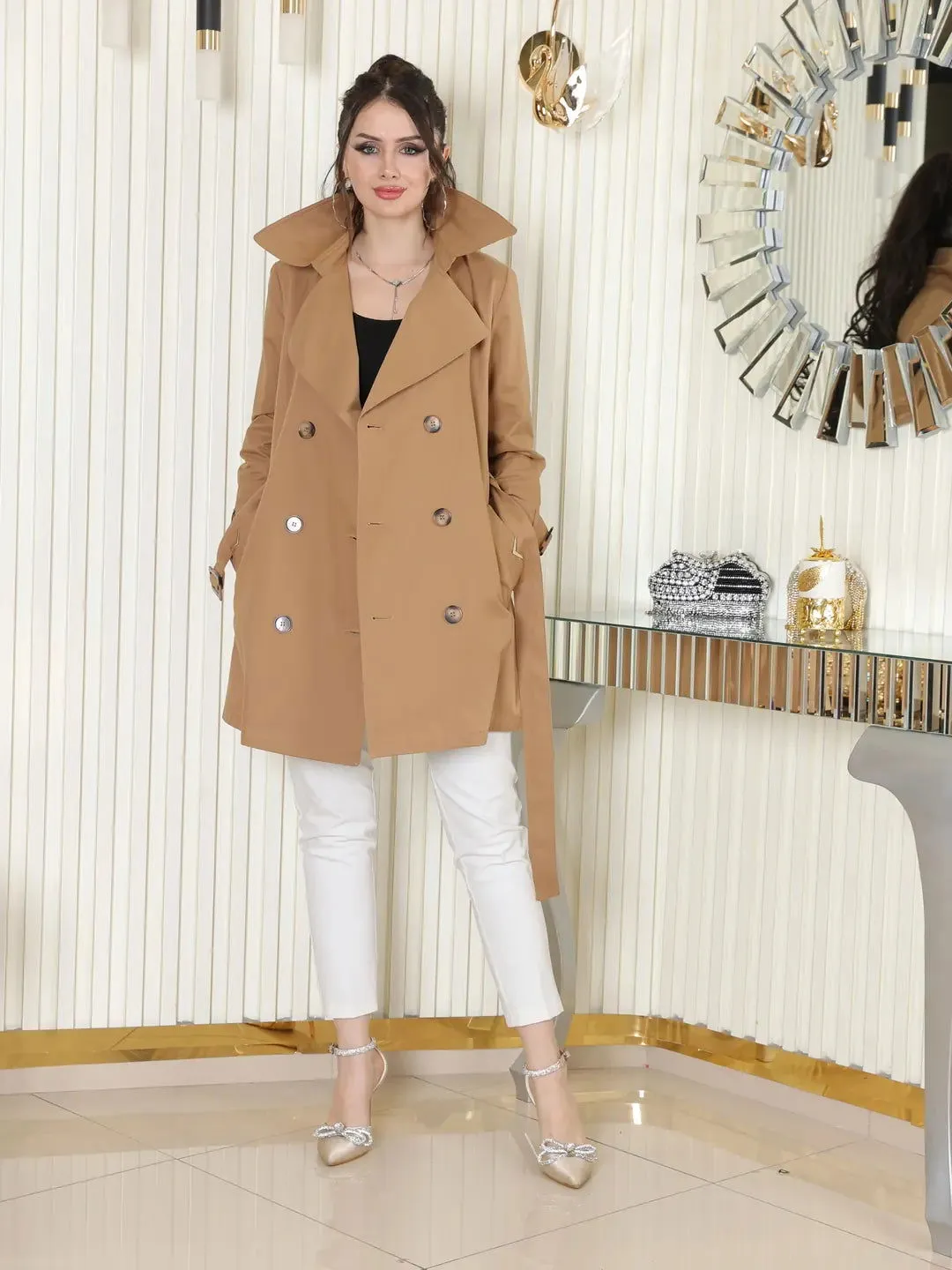 Women's Short Trench Coat with V Metal Detail - Tan - SCB-W12407