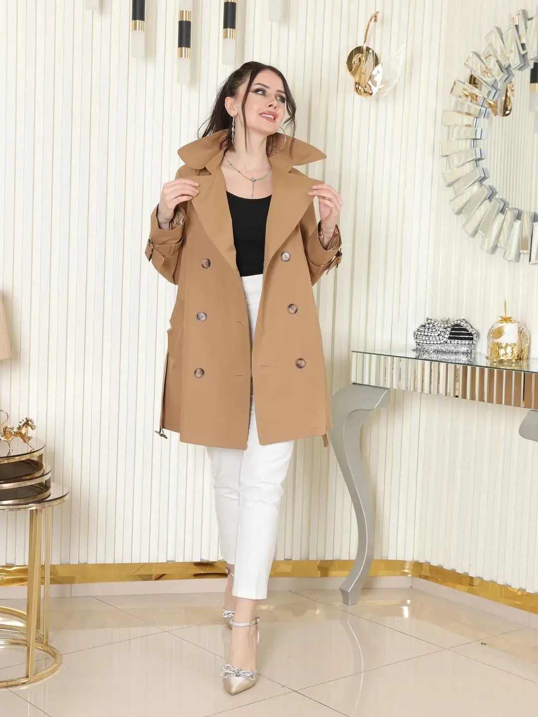 Women's Short Trench Coat with V Metal Detail - Tan - SCB-W12407