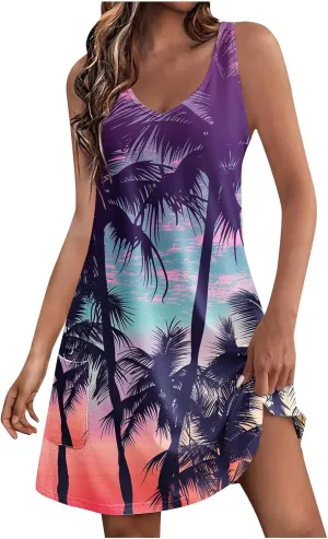 Women's Sleeveless Mini Tank Dress Casual Summer Beach Sun Dresses Loose V Neck T-Shirt Dress Sundress with Pocket