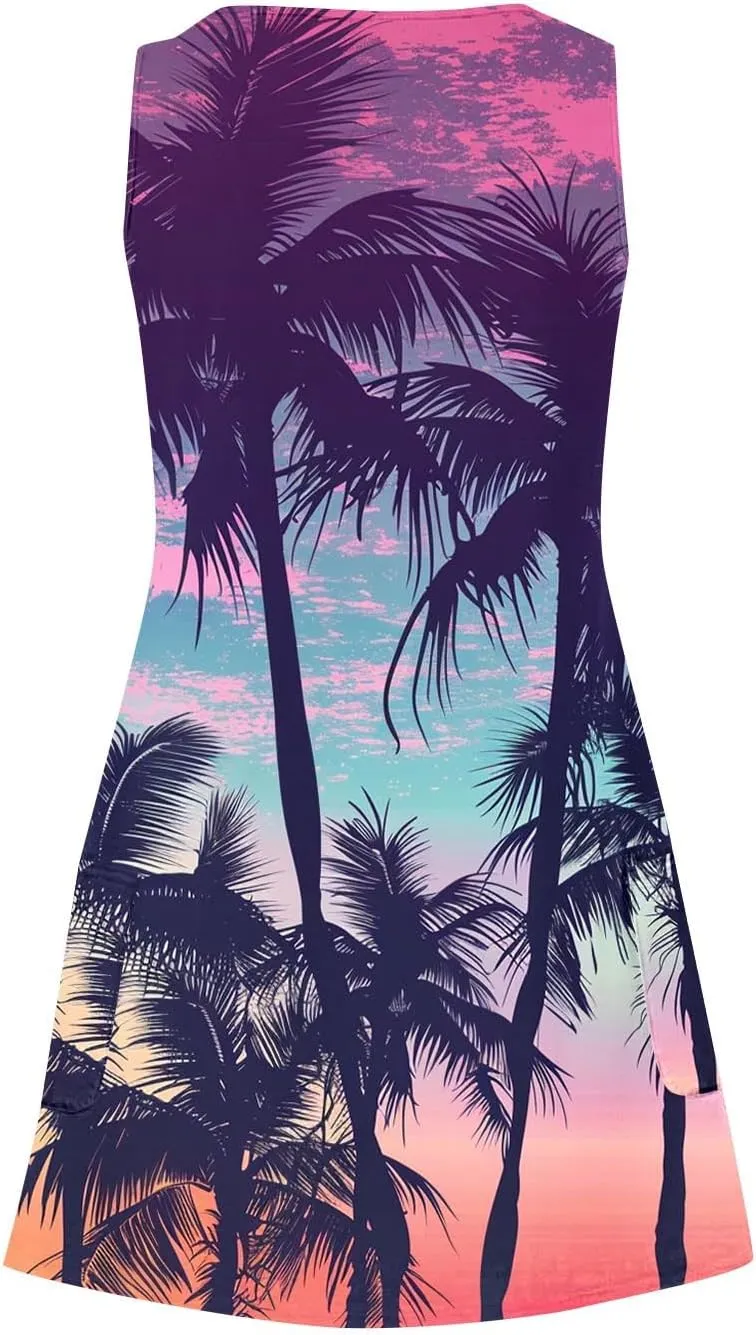 Women's Sleeveless Mini Tank Dress Casual Summer Beach Sun Dresses Loose V Neck T-Shirt Dress Sundress with Pocket