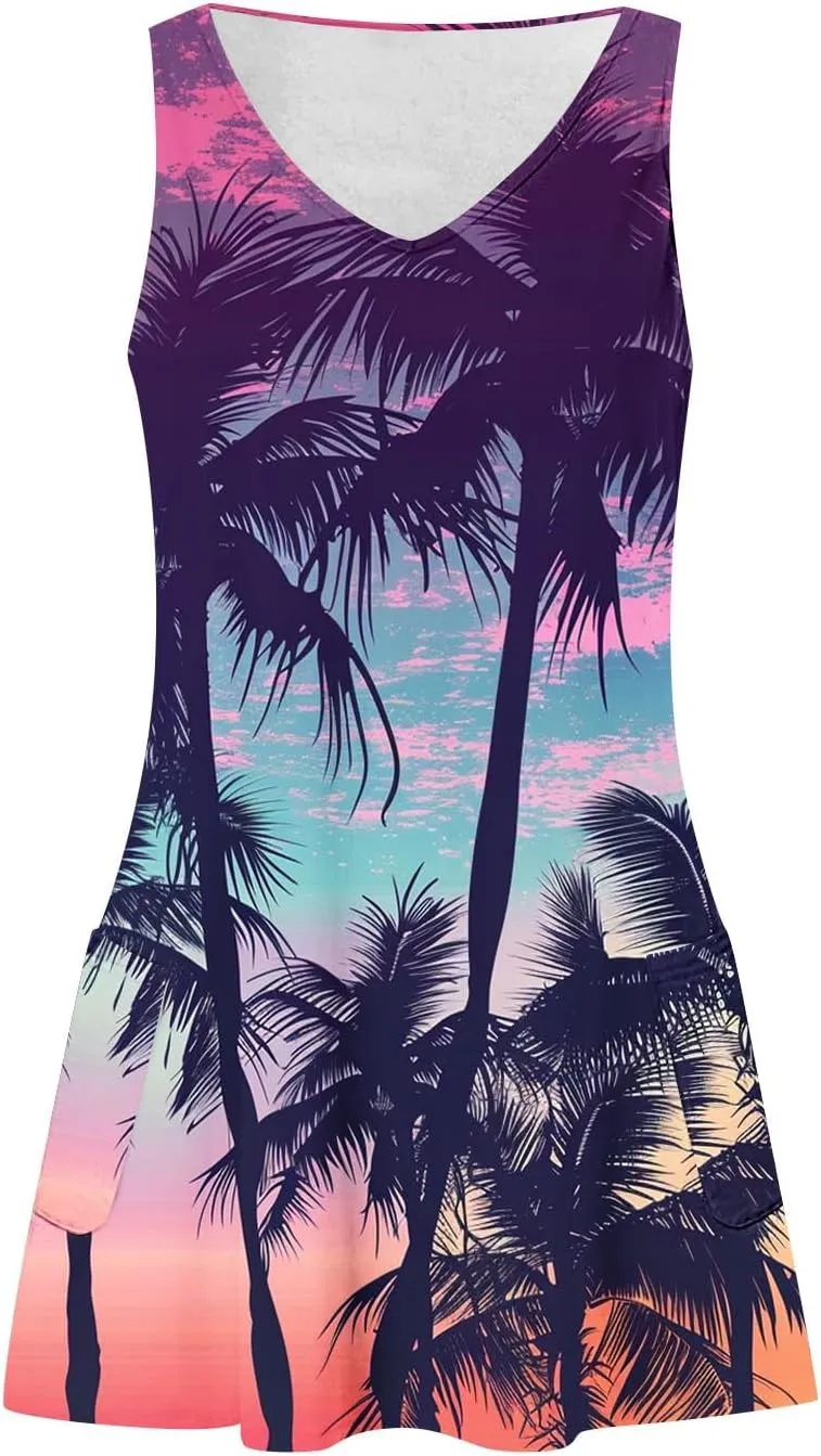 Women's Sleeveless Mini Tank Dress Casual Summer Beach Sun Dresses Loose V Neck T-Shirt Dress Sundress with Pocket