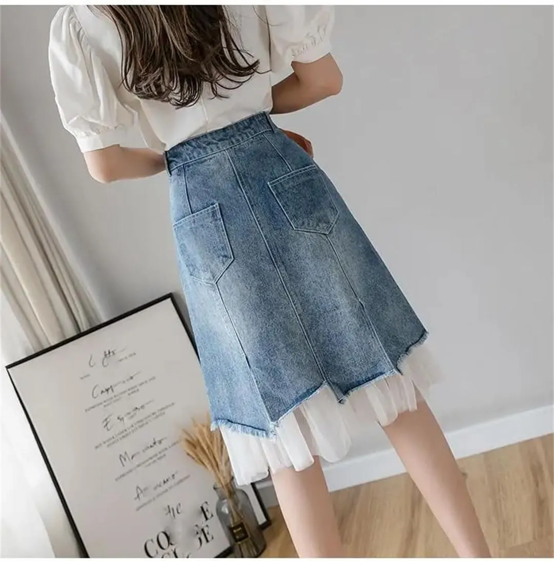 Women's Split Denim Skirt Skirts High-Waisted Slimming Mesh Patchwork Irregular A-Line Skirt