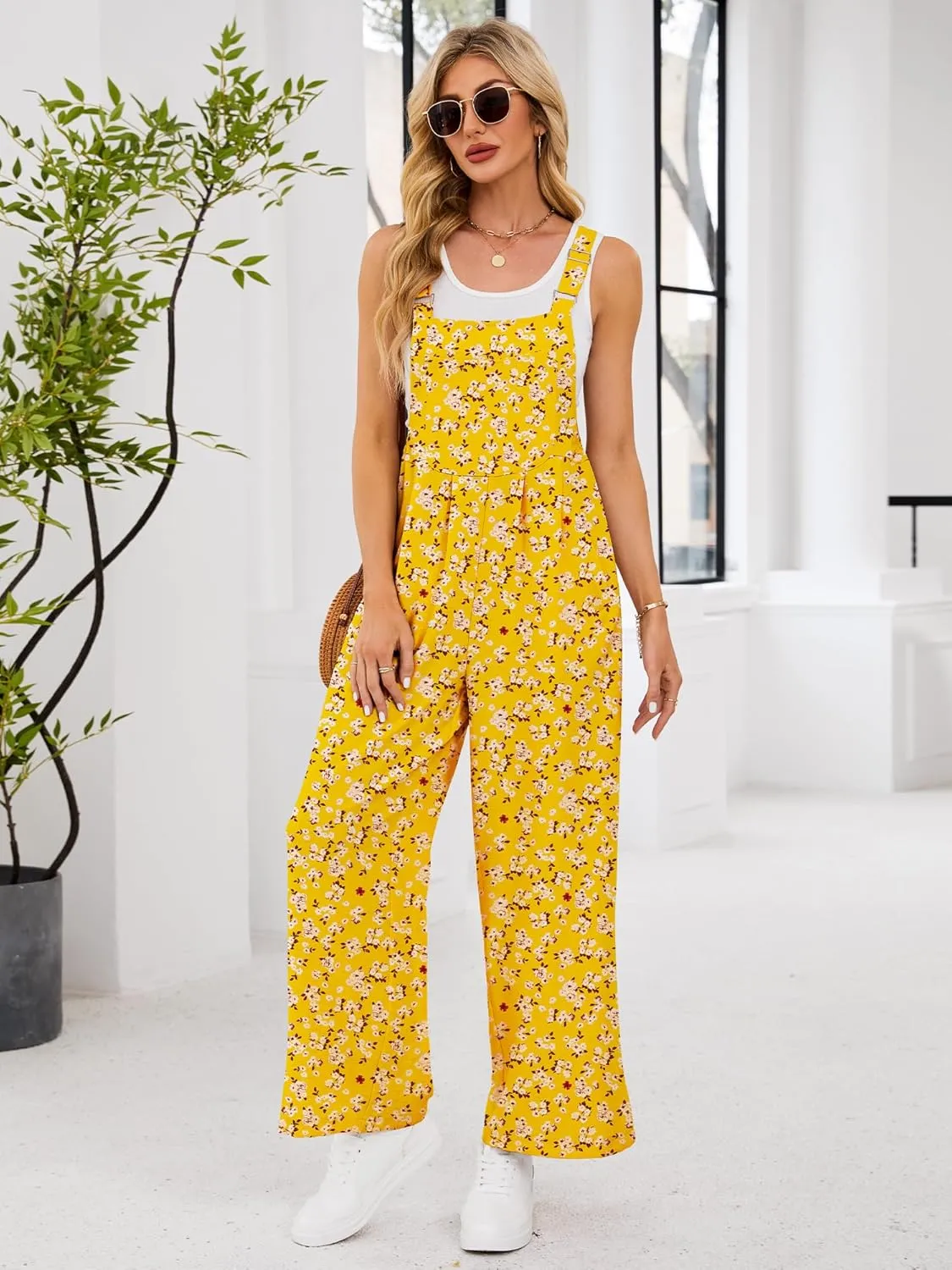 Womens Summer Casual Jumpsuits Baggy Wide Leg Floral Overalls Rompers for women 2025 With Pockets