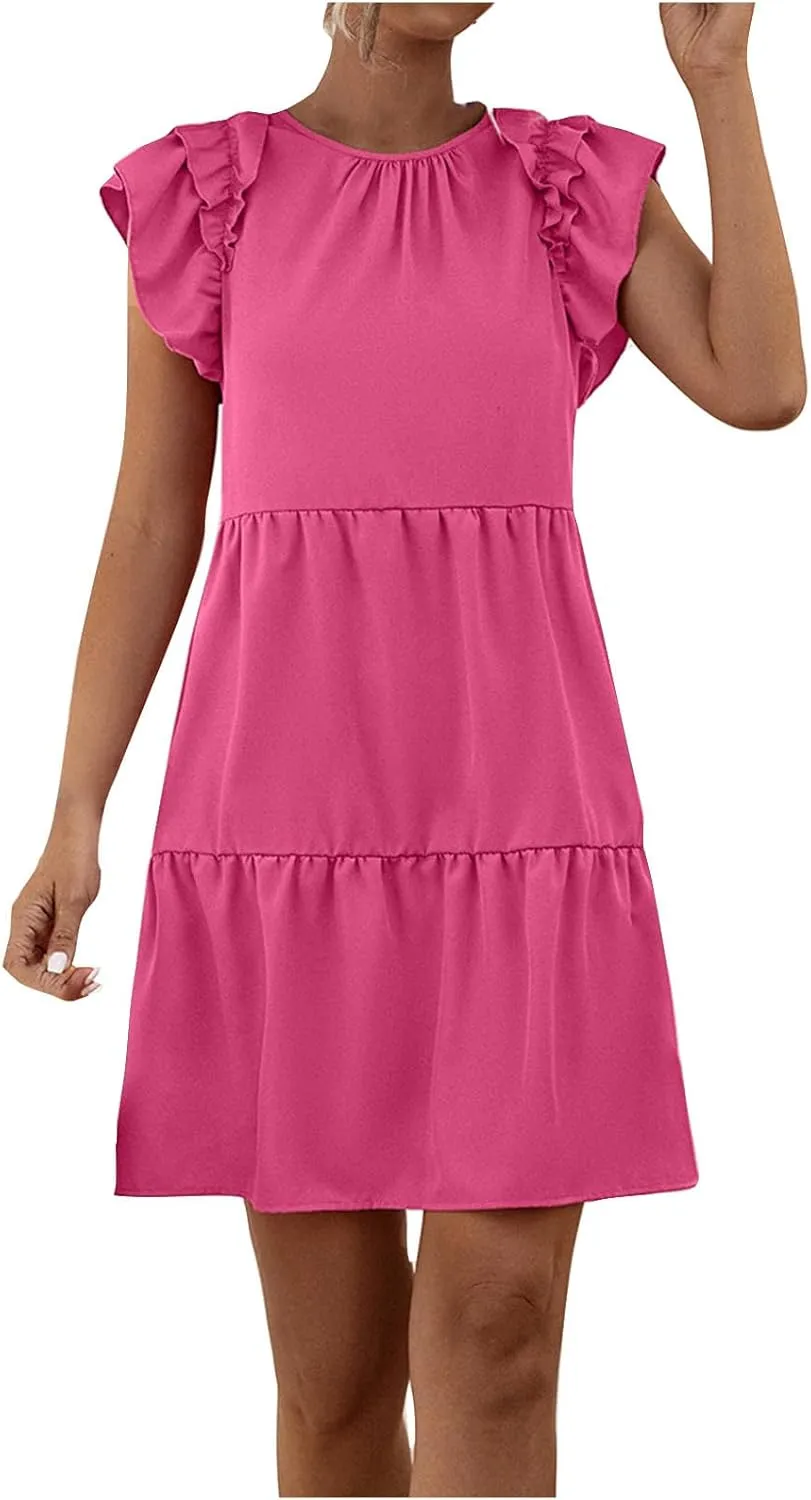 Women's Summer Dresses Sleeveless Ruffle Cape Sleeve Round Neck A-Line Dress Loose Tiered Pleated Babydoll Mini Dress