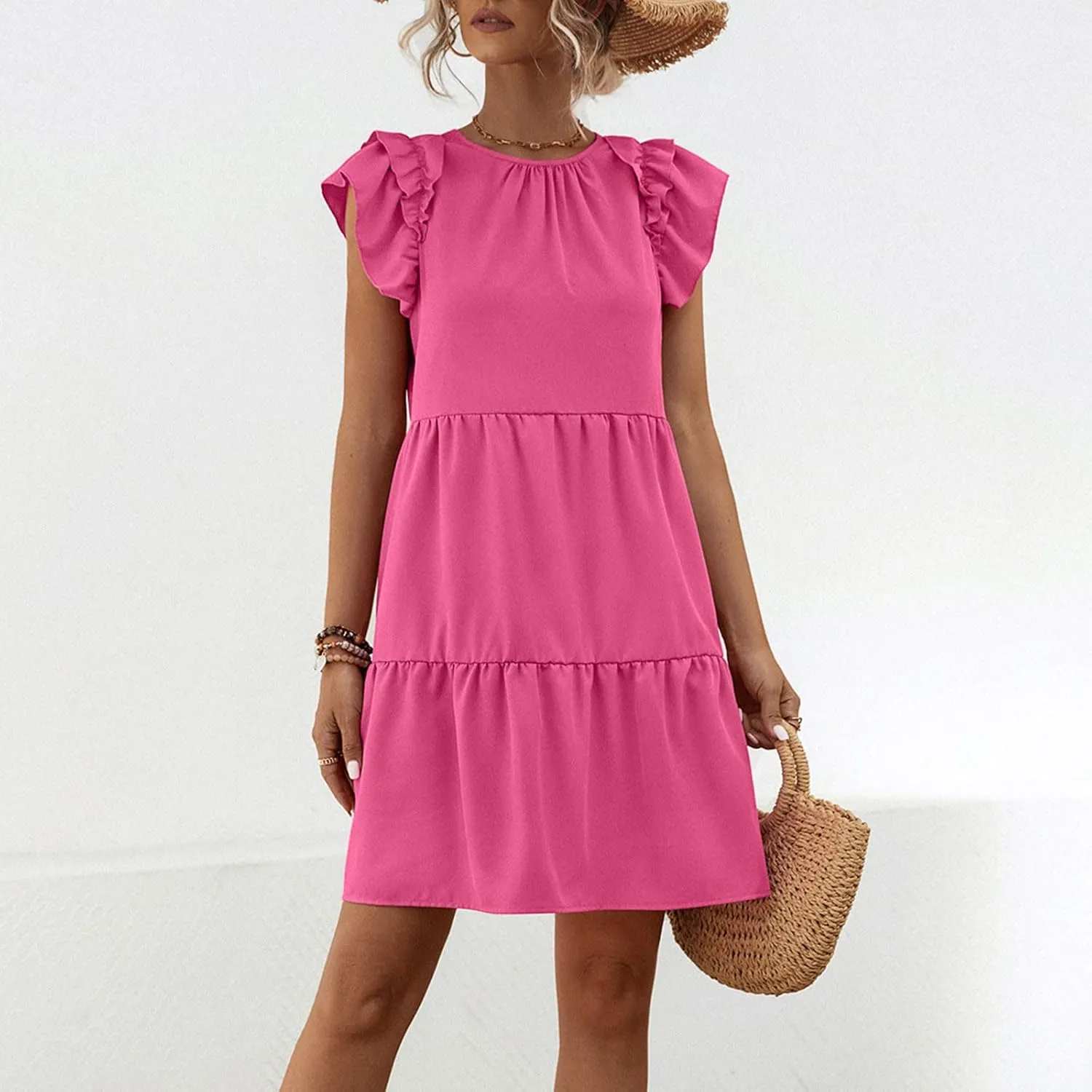 Women's Summer Dresses Sleeveless Ruffle Cape Sleeve Round Neck A-Line Dress Loose Tiered Pleated Babydoll Mini Dress