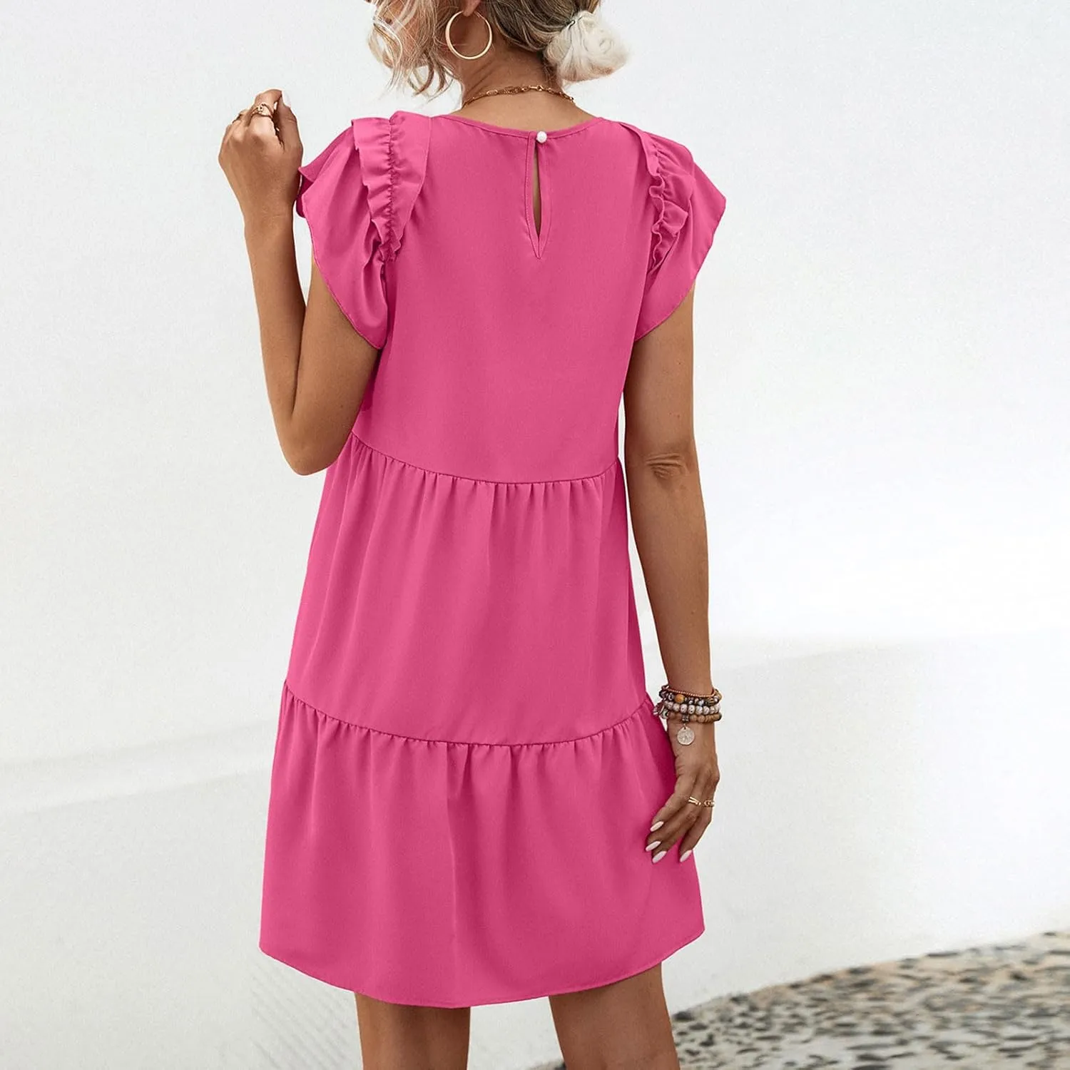 Women's Summer Dresses Sleeveless Ruffle Cape Sleeve Round Neck A-Line Dress Loose Tiered Pleated Babydoll Mini Dress