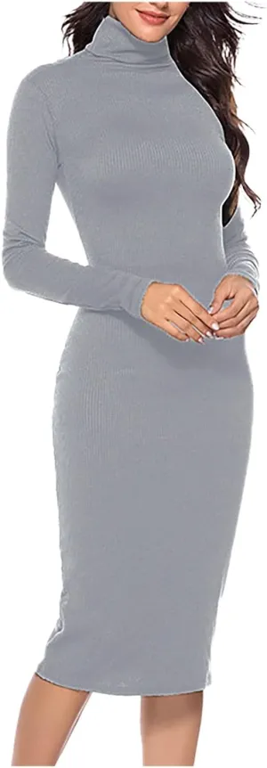 Women's Turtleneck Midi Sweater Dress Long Sleeve Bodycon Ribbed Knit Slim Fit Dress Sexy Office Midi Dresses