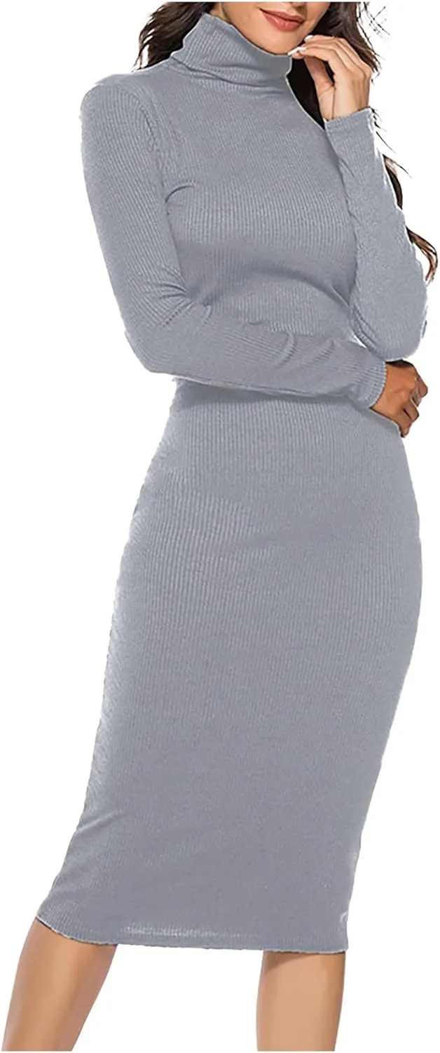 Women's Turtleneck Midi Sweater Dress Long Sleeve Bodycon Ribbed Knit Slim Fit Dress Sexy Office Midi Dresses