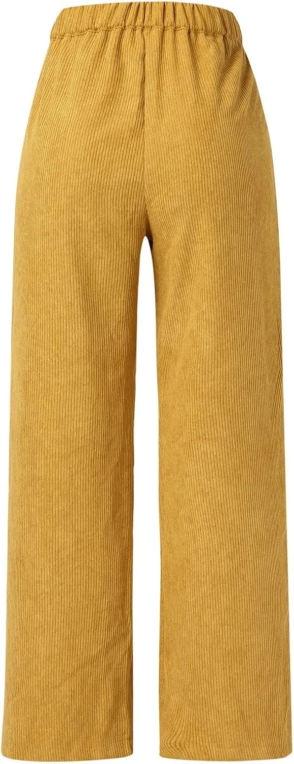 YOLAI Casual High Waist Straight Wide Leg Trousers Women Solid Color Corduroy Pants