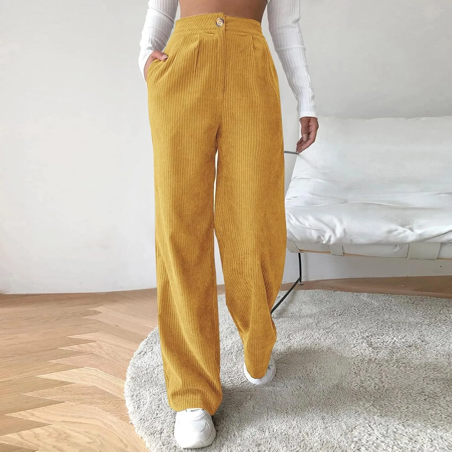 YOLAI Casual High Waist Straight Wide Leg Trousers Women Solid Color Corduroy Pants