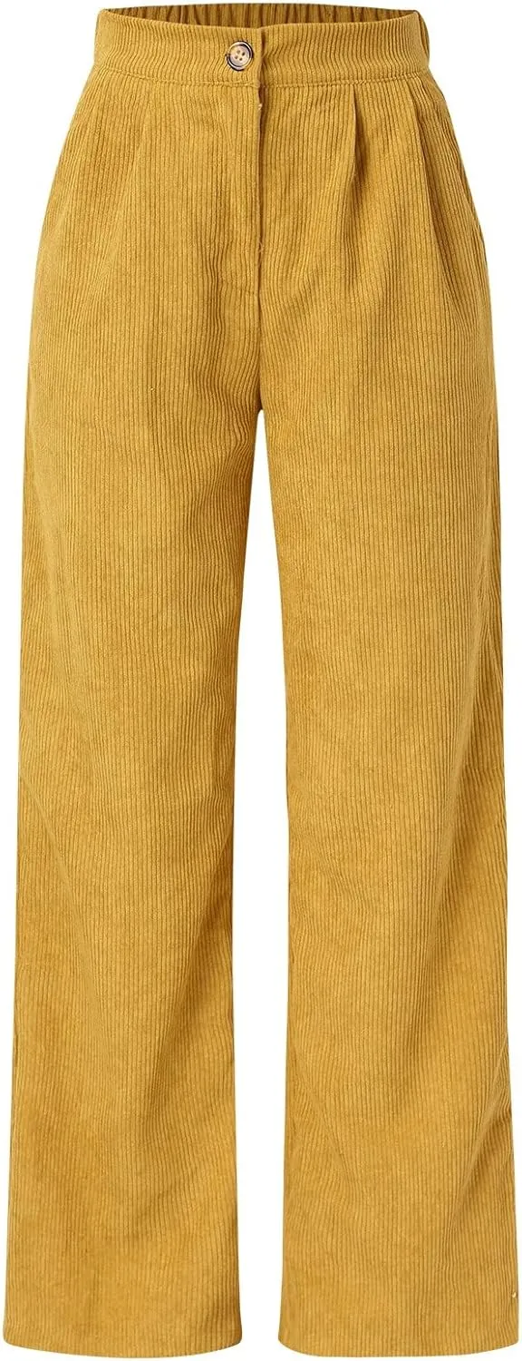YOLAI Casual High Waist Straight Wide Leg Trousers Women Solid Color Corduroy Pants