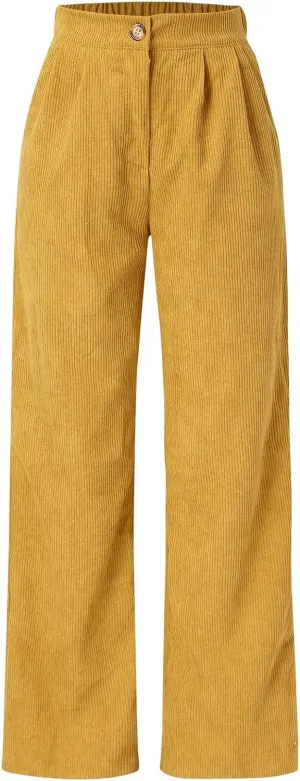 YOLAI Casual High Waist Straight Wide Leg Trousers Women Solid Color Corduroy Pants