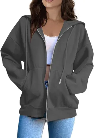 Zip Up Hoodies for Women Fashion Solid Color Outdoor Casual Sports Loose Comfortable Long Sleeve Hooded Jacket
