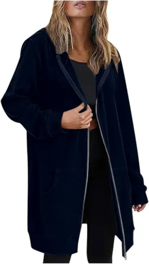 Zip Up Long Hoodie for Women Fleece Plus Size Jacket Long Sleeve Fall Winter Coat Warm Hooded Sweatshirt with Pockets